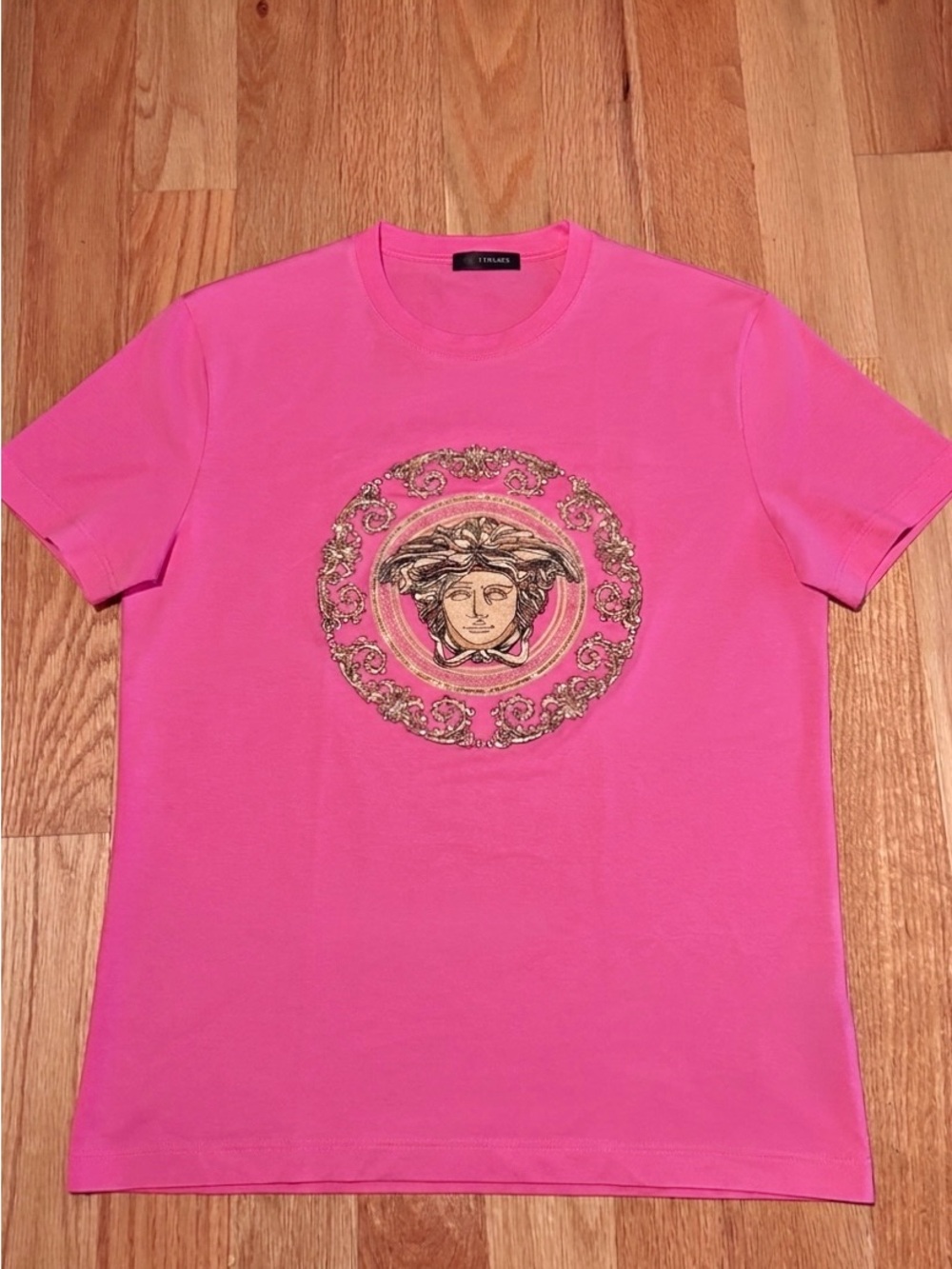 Versace Pink Gold Medusa Rhinestone Embellished Runway Tshirt